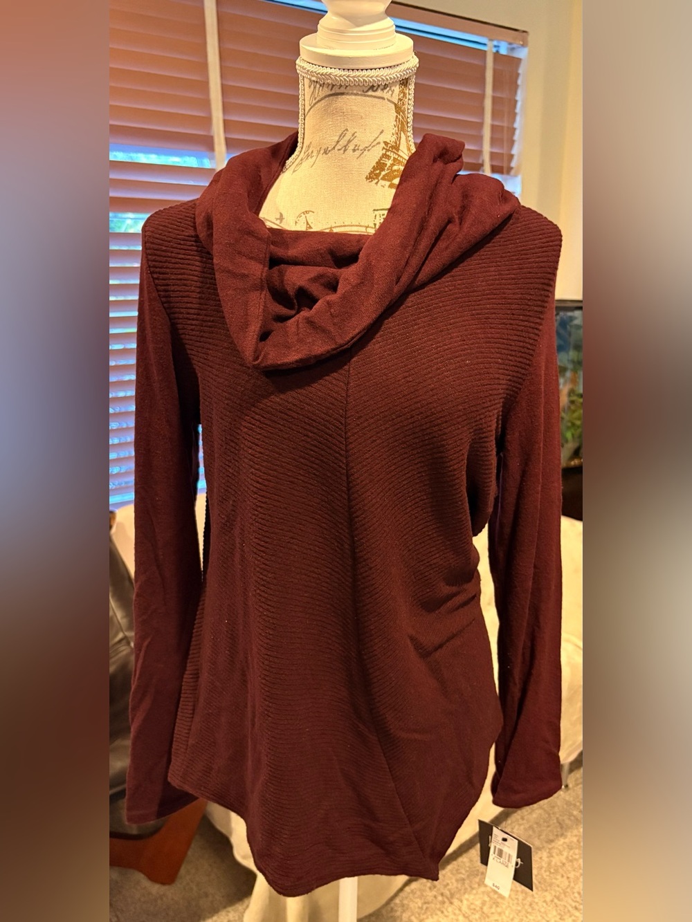 by & by Burgundy Cowl Neck Ribbed Sweater in Raisin